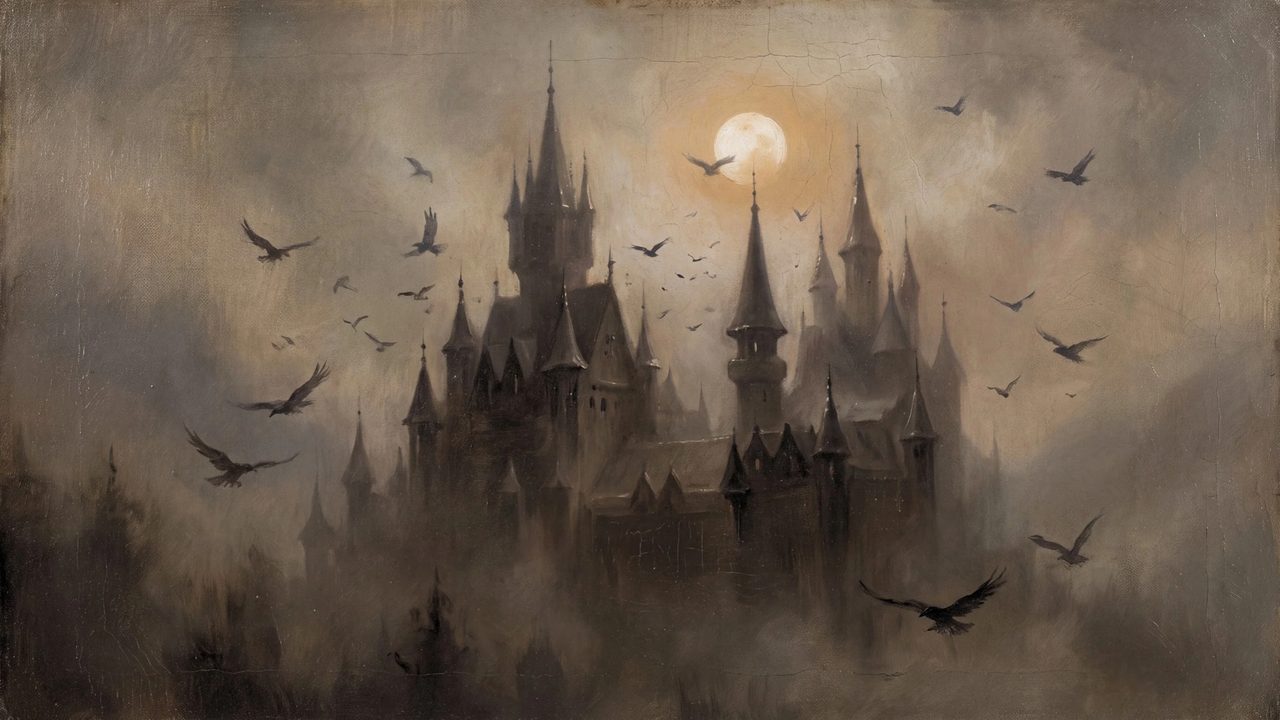 Gothic Castle Frame TV Art, Haunted Castle with Ravens and Full Moon, Dark Academia Halloween Painting