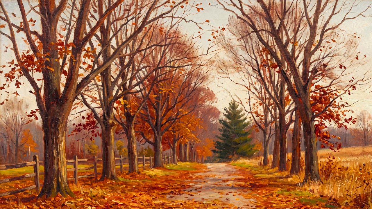 Fall Frame TV Art, Vintage Autumn Oil Painting (Tree Lined Autumn Lane)