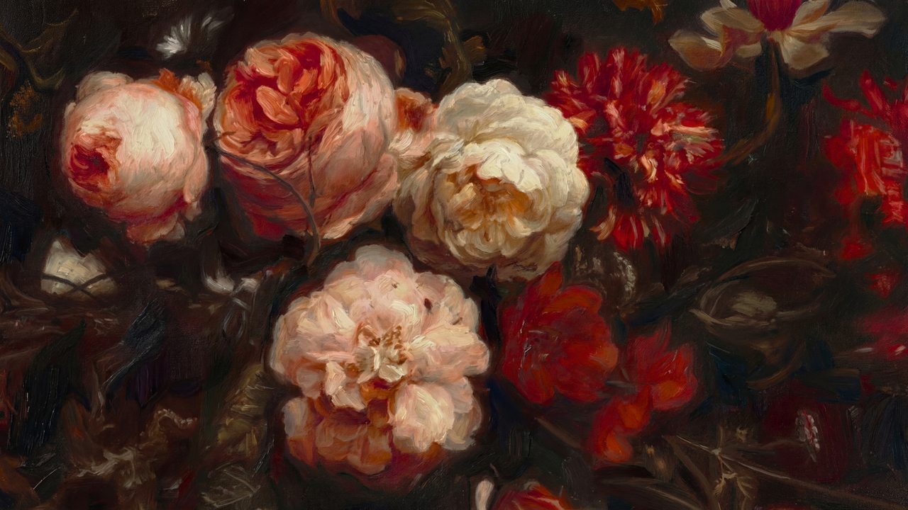 Moody Floral Samsung Frame TV Art Valentine's Day, Romantic Peonies and Roses Bouquet, Dark Academia Oil Painting