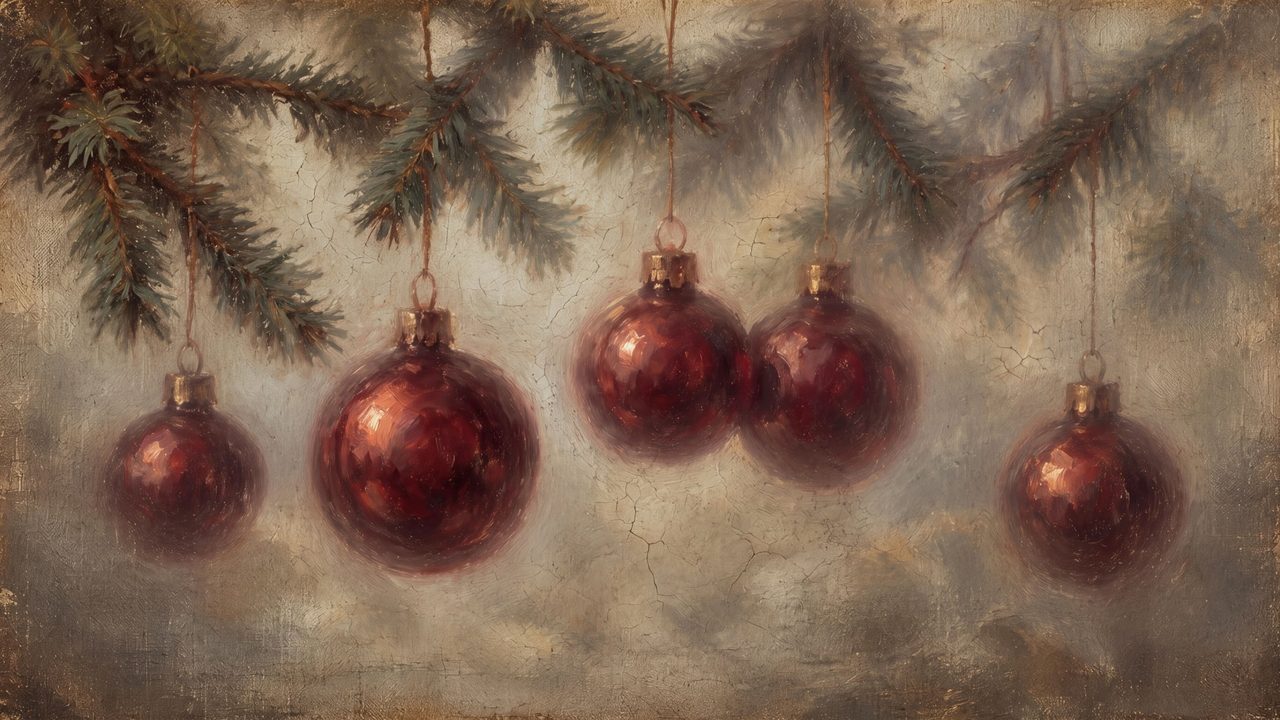 Christmas Frame TV Art, Vintage Holiday Oil Painting (Red Ornaments on Pine 2)