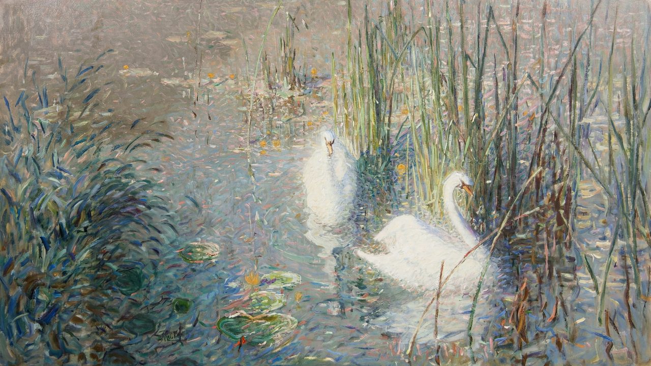 Vintage Frame TV Art, Antique Landscape Oil Painting (Swans Among Reeds)