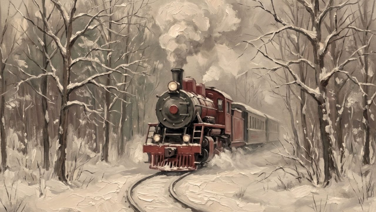 Christmas Frame TV Art, Vintage Holiday Oil Painting (Steam Train in Snowy Woods)