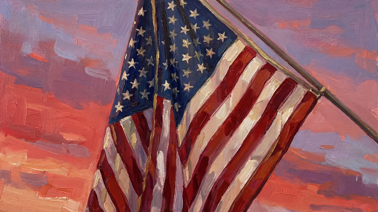 4th of July Frame TV Art, Patriotic American Oil Painting (American Flag at Sunset)
