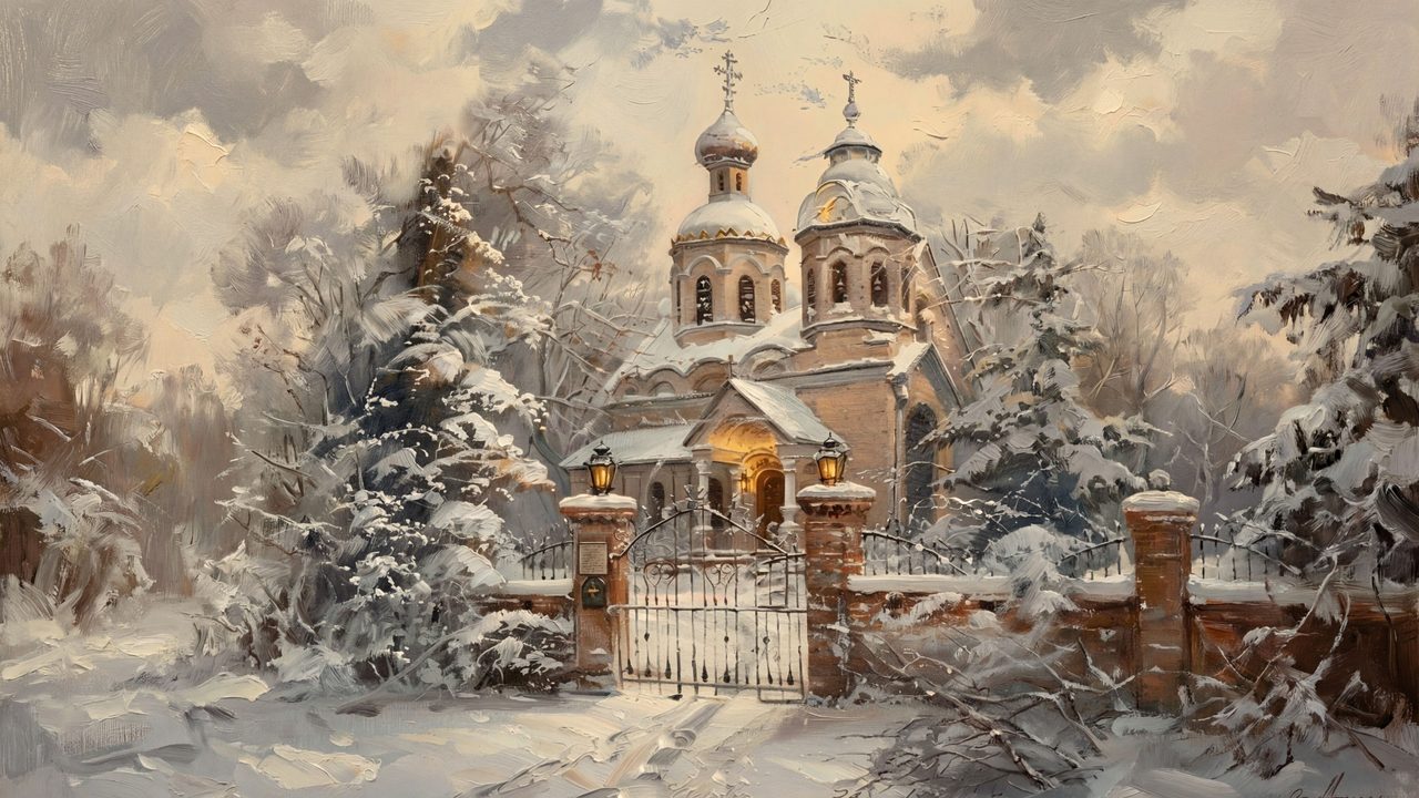 Christmas Frame TV Art, Vintage Holiday Oil Painting (Domed Church in Snow)