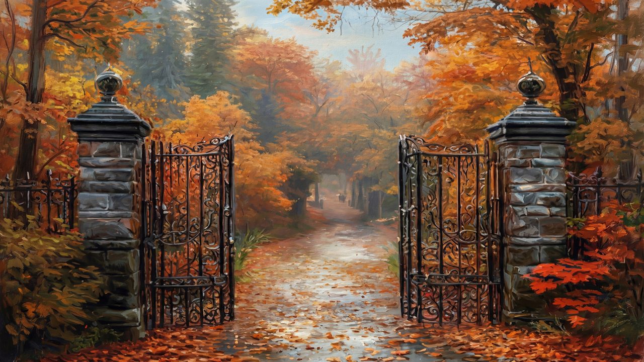 Fall Frame TV Art, Vintage Autumn Oil Painting (Iron Gate to Autumn Path)