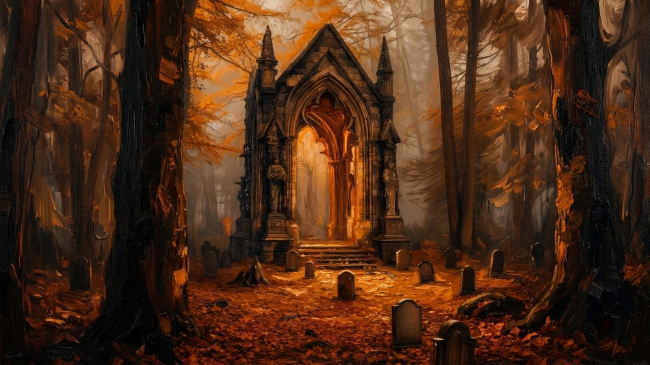 Halloween Frame TV Art, Vintage Moody Oil Painting (Gothic Archway in Autumn Woods)