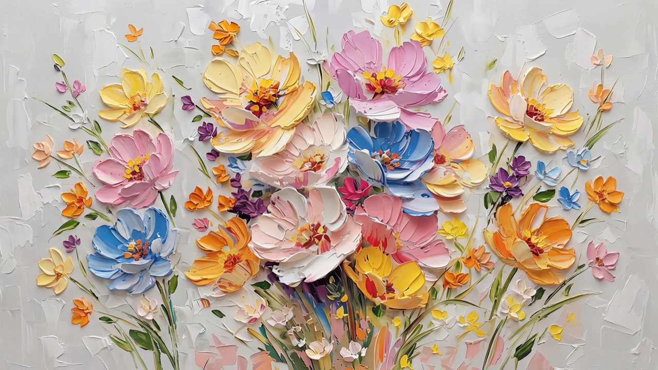 Spring Frame TV Art, Vintage Floral Landscape Oil Painting (Colorful Textured Flower Bouquet)