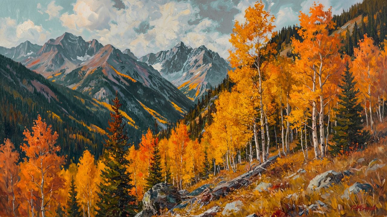 Fall Frame TV Art, Vintage Autumn Oil Painting (Golden Aspens in Mountains)