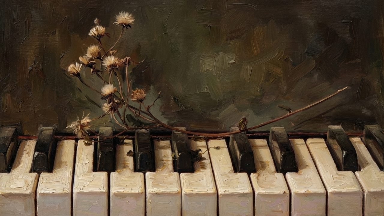 Dark Academia Frame TV Art, Moody Vintage Oil Painting (Dried Flowers on Piano Keys)