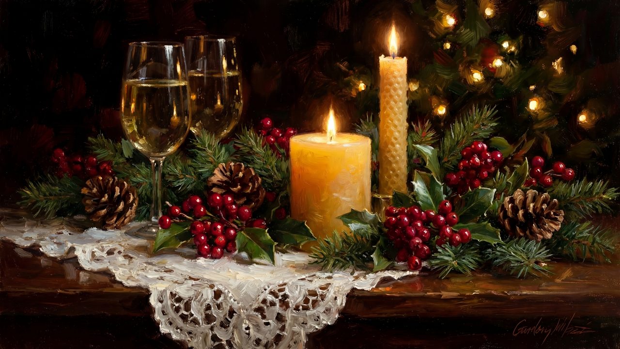 Christmas Frame TV Art, Vintage Holiday Oil Painting (Christmas Candles and Wine)
