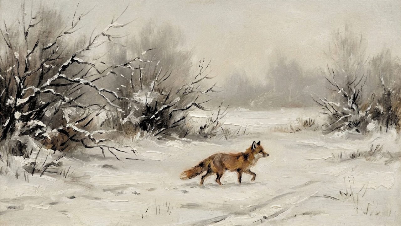 Christmas Frame TV Art, Vintage Holiday Oil Painting (Fox in Snowy Field)