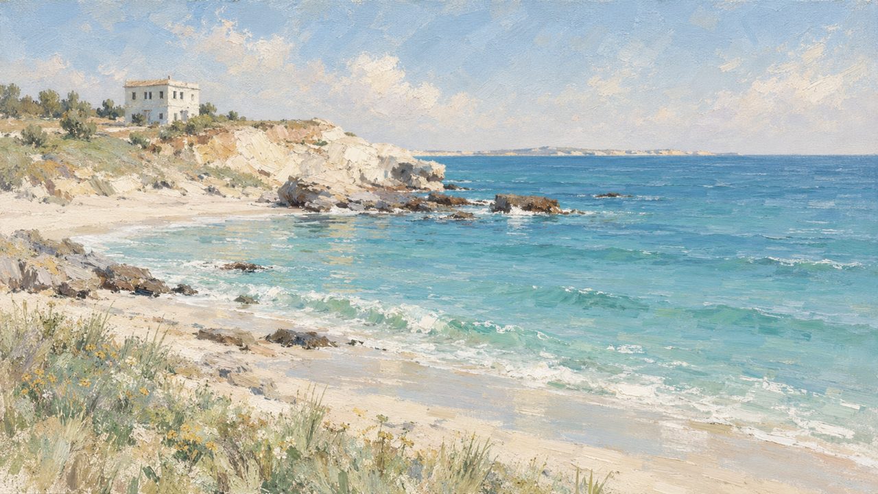 Summer Frame TV Art, Coastal Beach Oil Painting (Turquoise Cove and Beach)