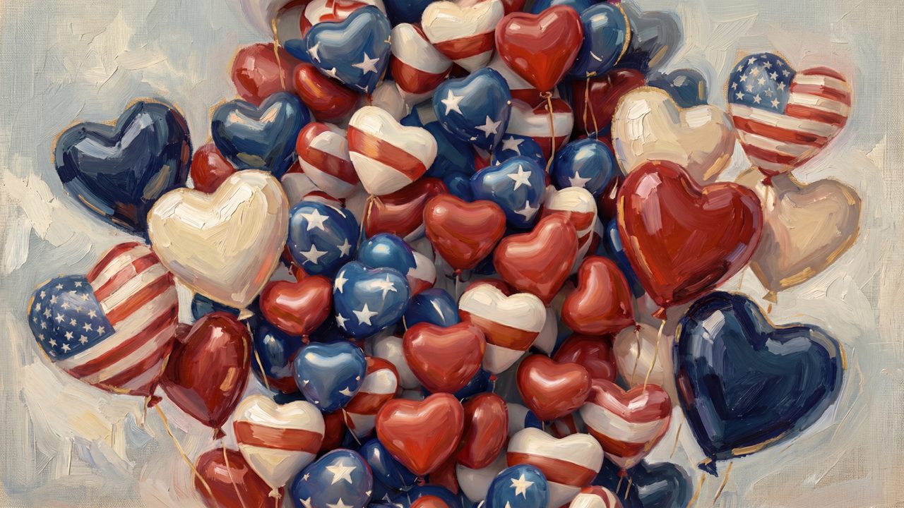 4th of July Frame TV Art, Patriotic American Oil Painting (Patriotic Heart Balloons 2)