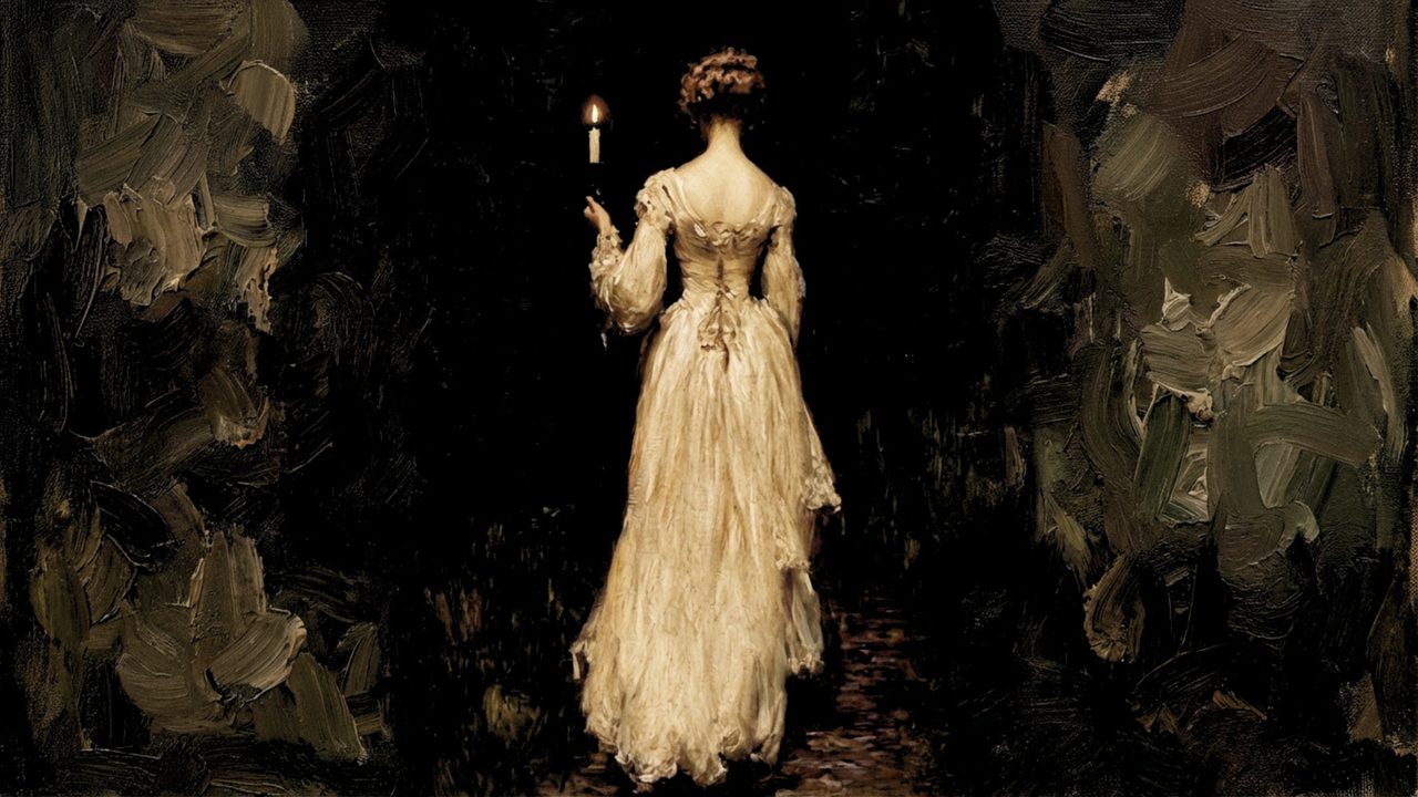 Dark Academia Frame TV Art, Moody Vintage Oil Painting (Woman in White with Candle)