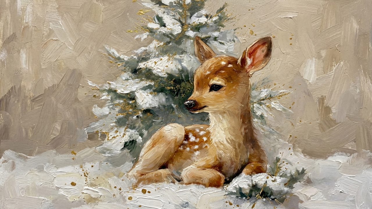 Christmas Frame TV Art, Vintage Holiday Oil Painting (Fawn Resting in Snow)