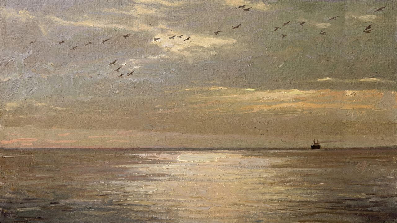 Birds Flying Over Ocean TV Art, Sacred Coastal Sunset Christian Oil Painting, Divine Horizon Samsung Frame TV Art