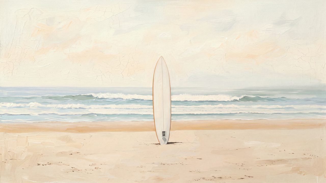 Summer Frame TV Art, Coastal Beach Oil Painting (Surfboard in Sand)