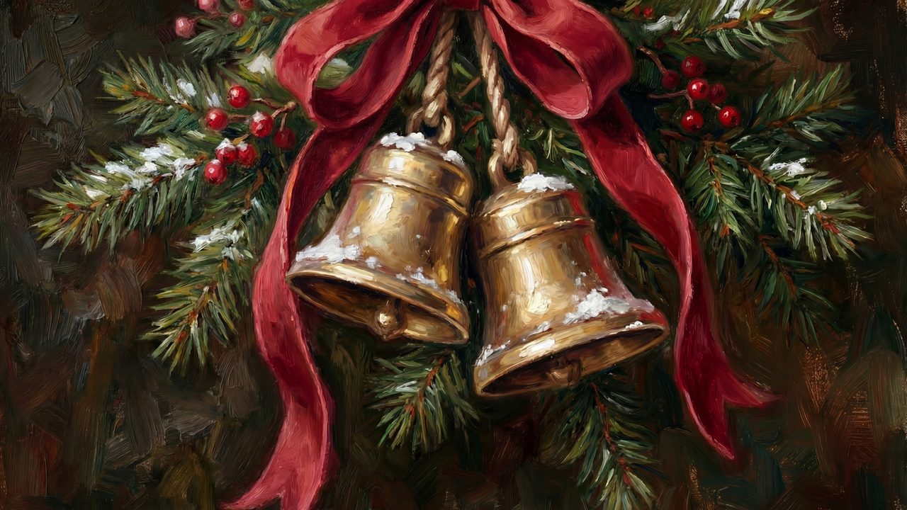 Christmas Bells Samsung Frame TV Art • Golden Holiday Bells • Festive Pine Garland Wall Art • Classic Christmas Decor