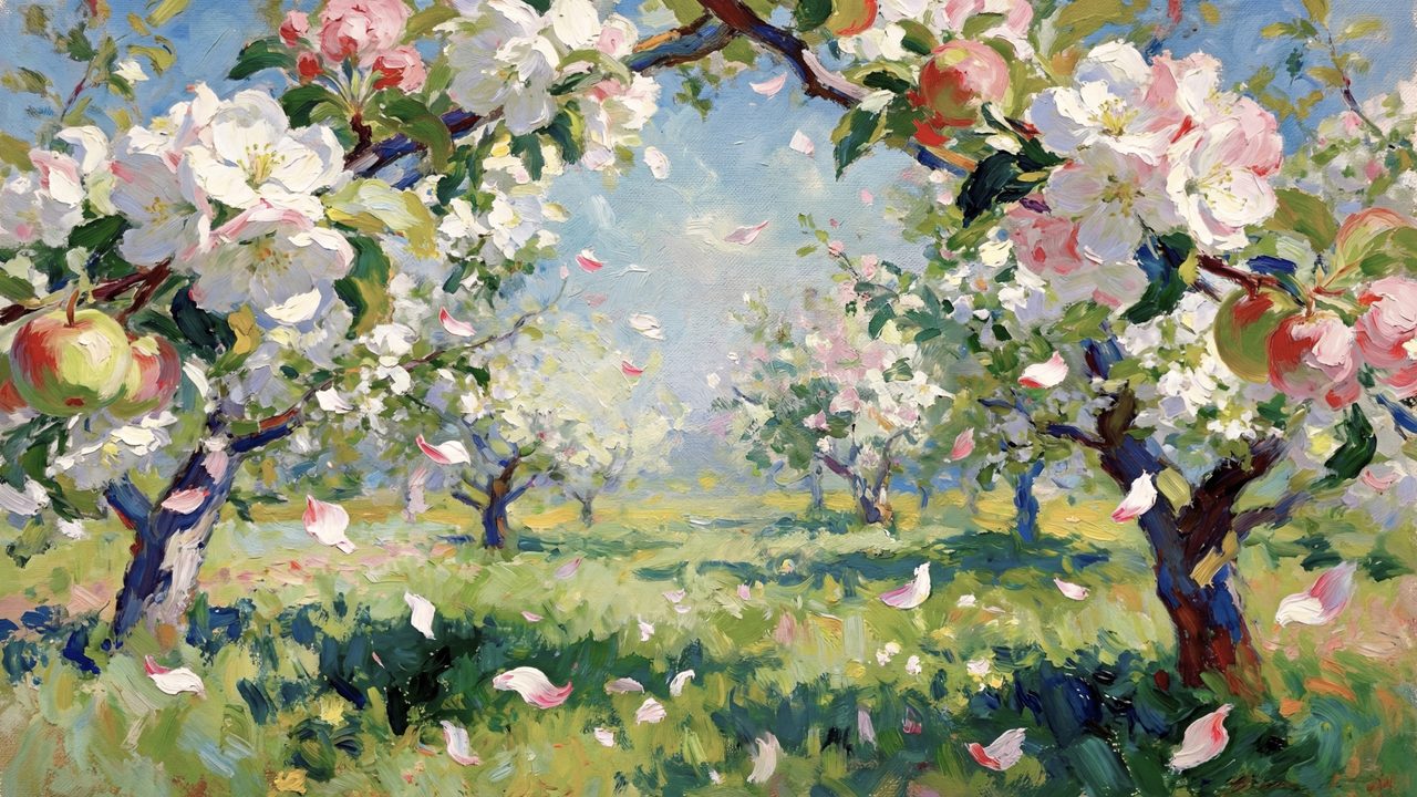 Spring Frame TV Art, Vintage Floral Landscape Oil Painting (Apple Blossom Orchard)