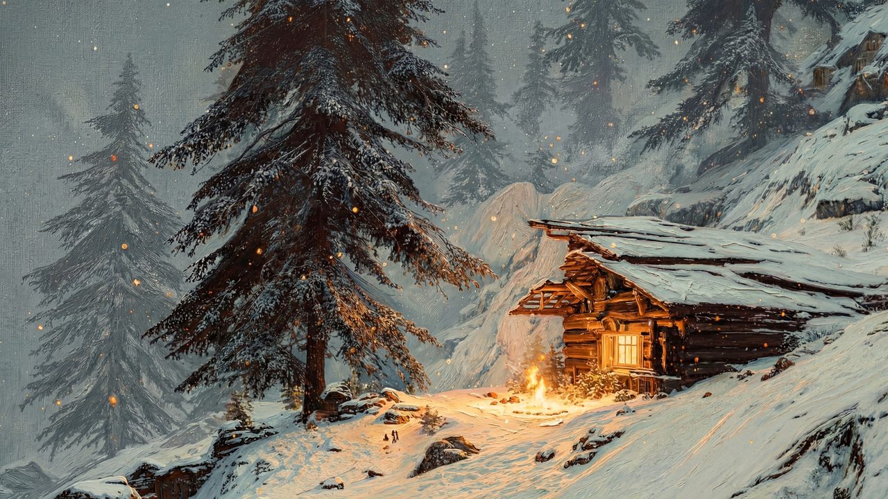 Christmas Frame TV Art, Vintage Holiday Oil Painting (Lit Cabin Under Snowy Pines)