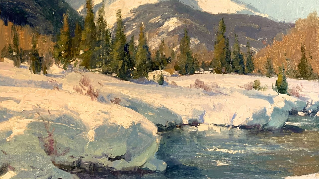 Christmas Frame TV Art, Vintage Holiday Oil Painting (Snowy Riverbank and Pines)