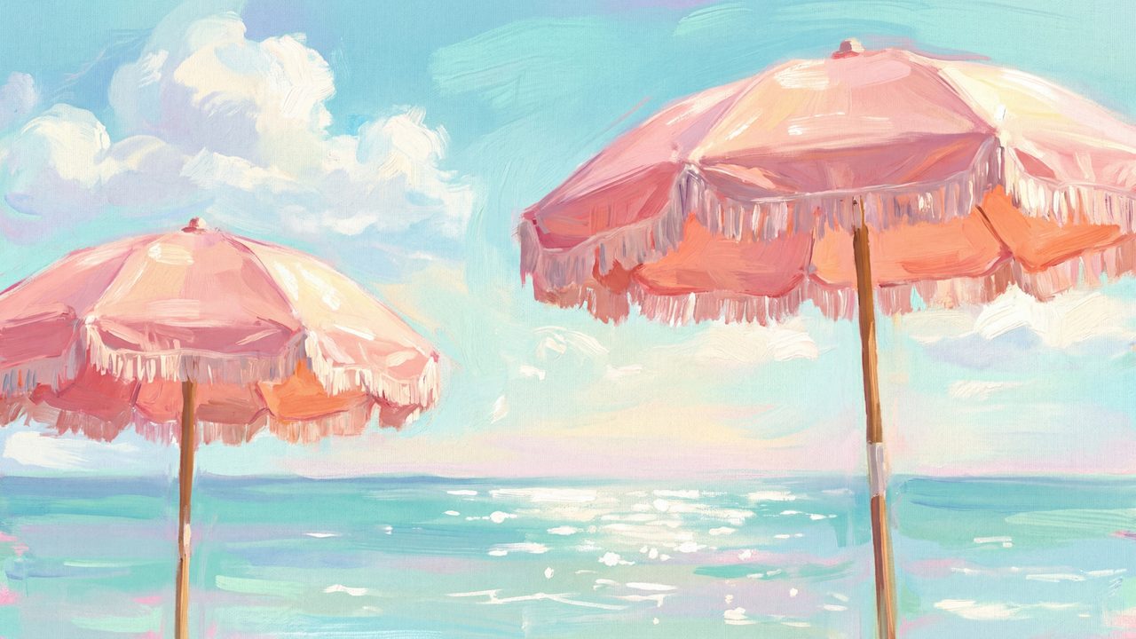 Summer Frame TV Art, Coastal Beach Oil Painting (Pink Fringed Beach Umbrellas)