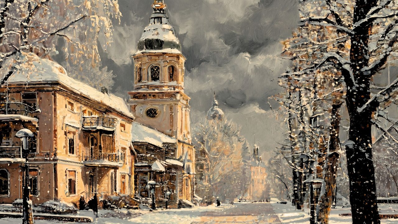 Christmas Frame TV Art, Vintage Holiday Oil Painting (Clock Tower in Snowy Town)