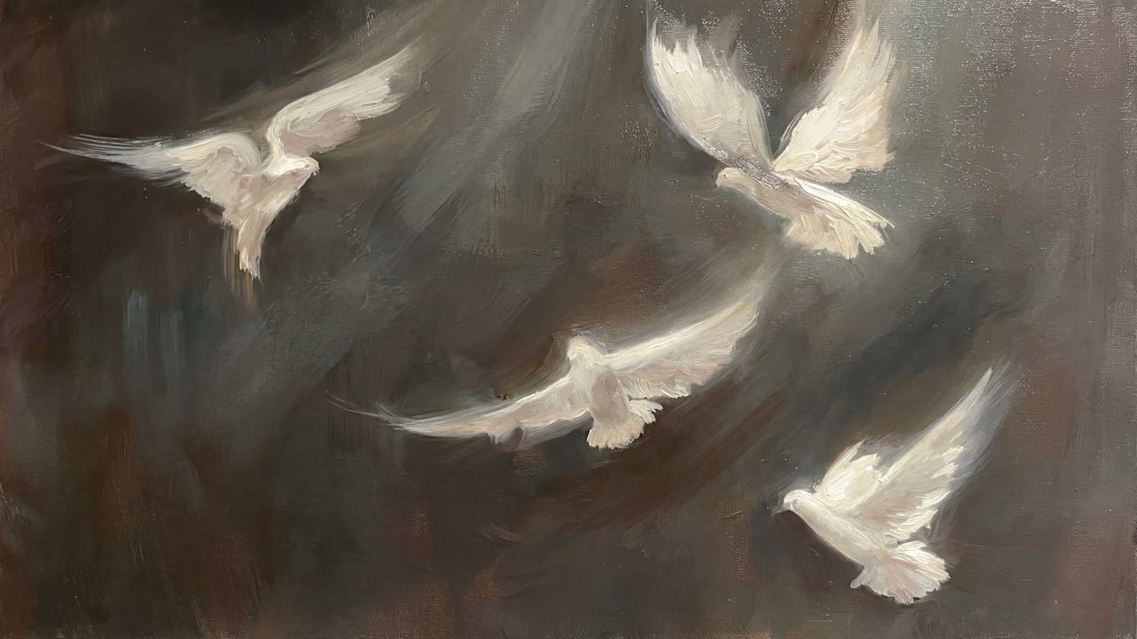 Christian Frame TV Art, Jesus Religious Oil Painting (White Doves in Flight)
