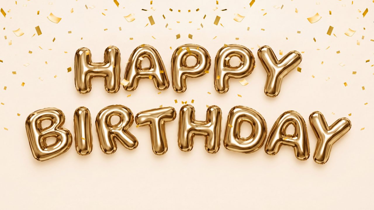 Happy Birthday Frame TV Art, Colorful Party TV Background (Gold Birthday Letters on Cream)