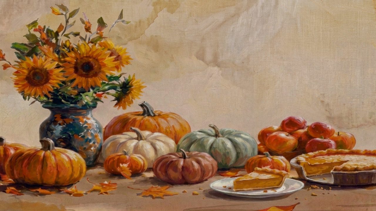 Fall Frame TV Art, Vintage Autumn Oil Painting (Sunflowers with Pumpkins and Pie)
