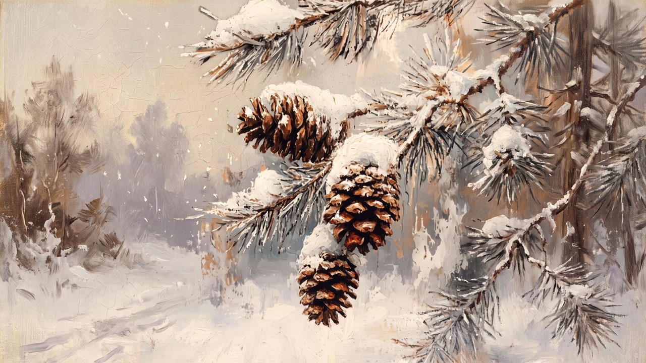 Christmas Frame TV Art, Vintage Holiday Oil Painting (Snowy Pine Cones on Branch)