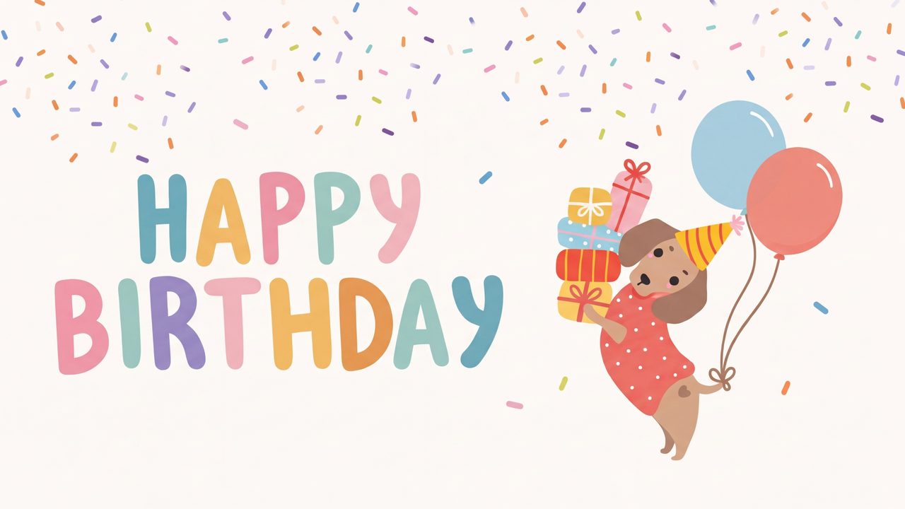 Happy Birthday Frame TV Art, Colorful Party TV Background (Puppy with Gifts and Balloons)