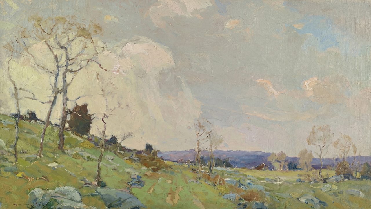 Vintage Frame TV Art, Antique Landscape Oil Painting (Hillside with Bare Trees)