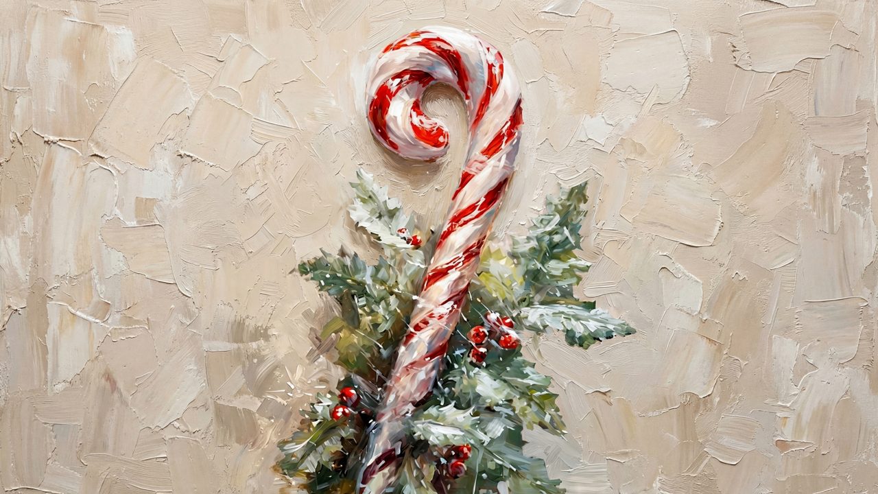 Christmas Frame TV Art, Vintage Holiday Oil Painting (Candy Cane with Holly)