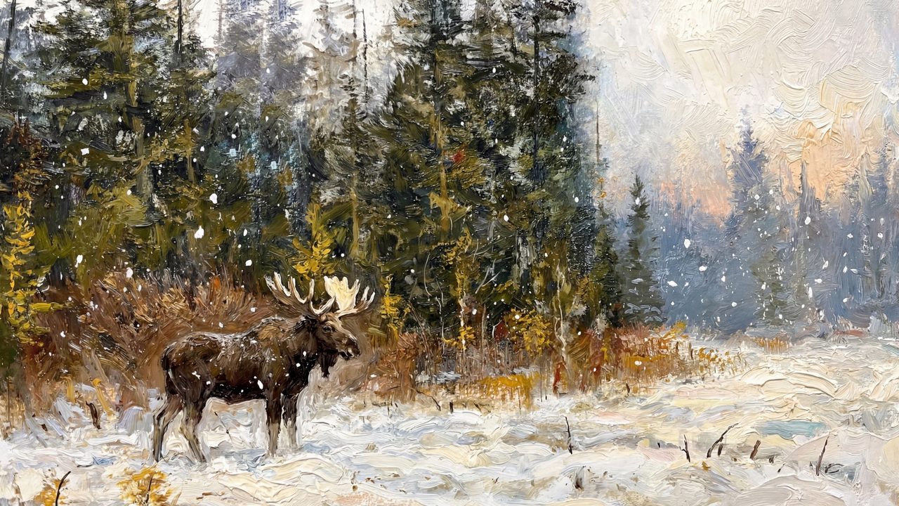 Christmas Frame TV Art, Vintage Holiday Oil Painting (Moose in Snowy Forest)