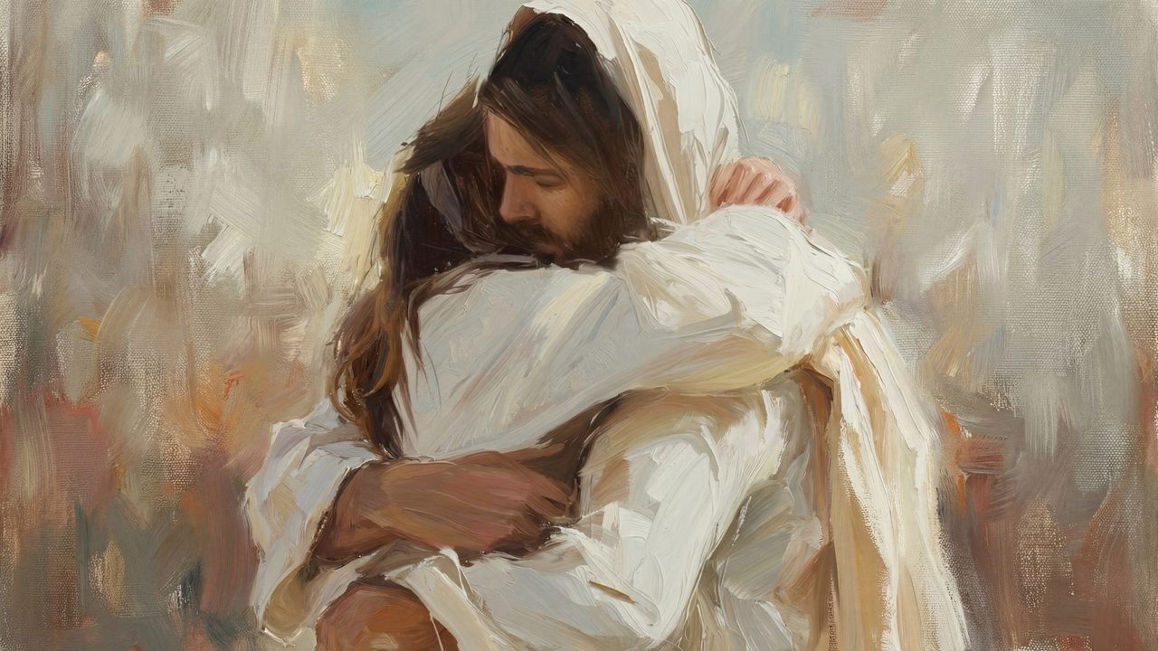 Jesus Hugging Samsung Frame TV Art, Christian Religious Screen Decor, Christ Embracing Oil Painting, Faith Based TV Art