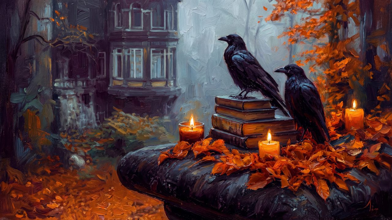 Halloween Frame TV Art, Vintage Moody Oil Painting (Ravens on Books with Candles)
