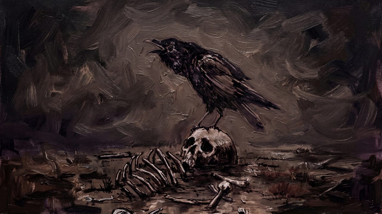Halloween Frame TV Art, Vintage Moody Oil Painting (Raven on Skeleton)