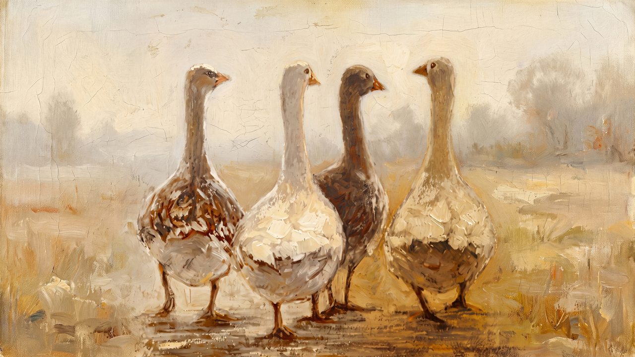 Fall Frame TV Art, Vintage Autumn Oil Painting (Four Geese in Autumn Field)