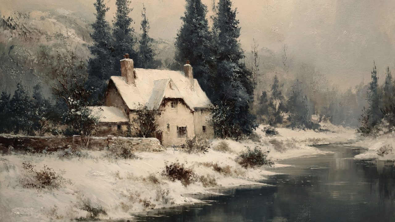 Christmas Frame TV Art, Vintage Holiday Oil Painting (Cottage by Winter Stream)