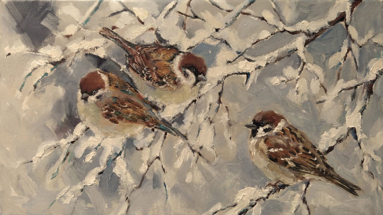 Christmas Frame TV Art, Vintage Holiday Oil Painting (Sparrows on Snowy Branches)