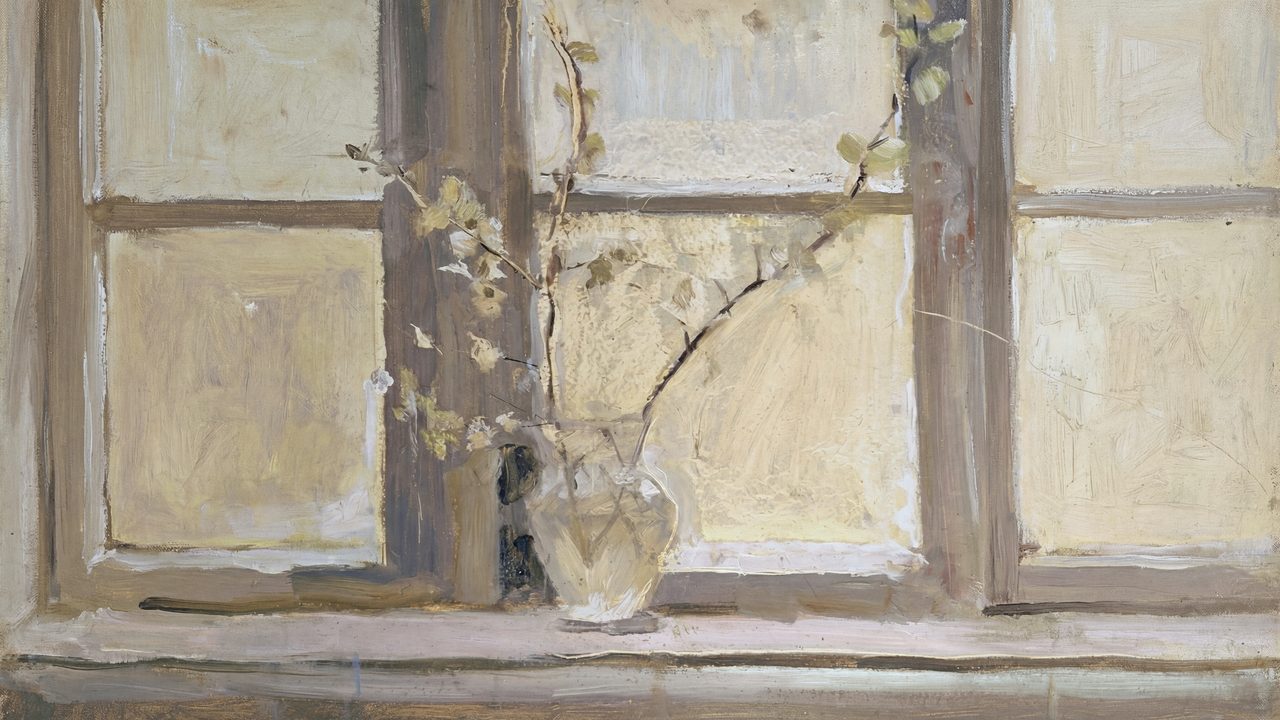Vintage Frame TV Art, Antique Landscape Oil Painting (Blossom Branch by Window)