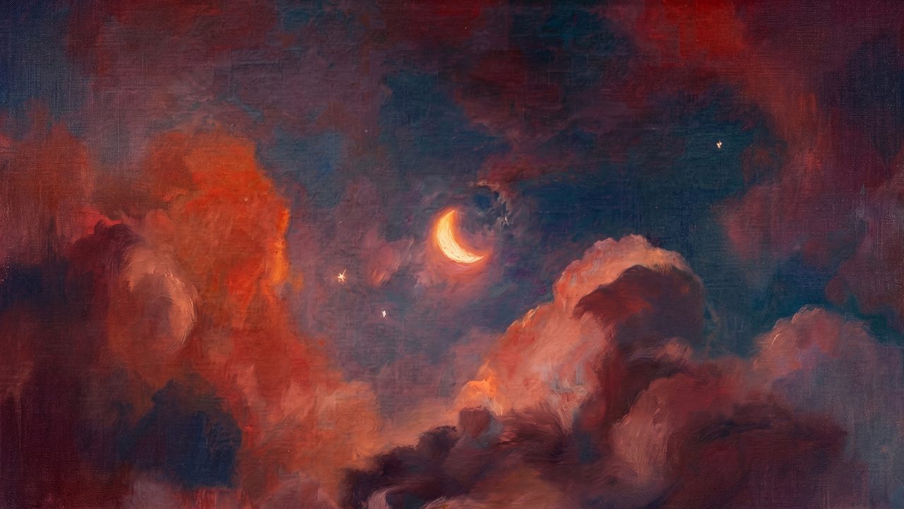 Samsung Frame TV Art Valentine's Day | Romantic Crescent Moon Night Sky | Moody Clouds Oil Painting | Celestial Dreamy