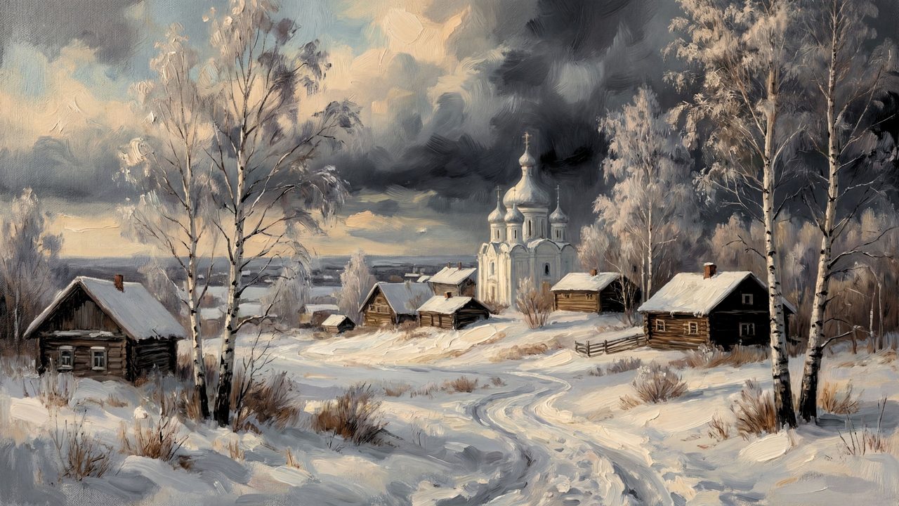Christmas Frame TV Art, Vintage Holiday Oil Painting (Village with Domed Church)