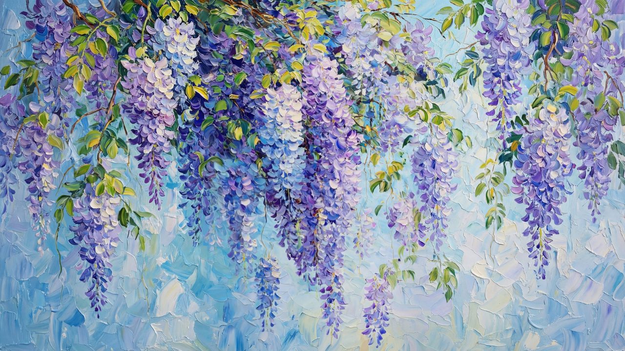 Spring Frame TV Art, Vintage Floral Landscape Oil Painting (Purple Wisteria Cascade)