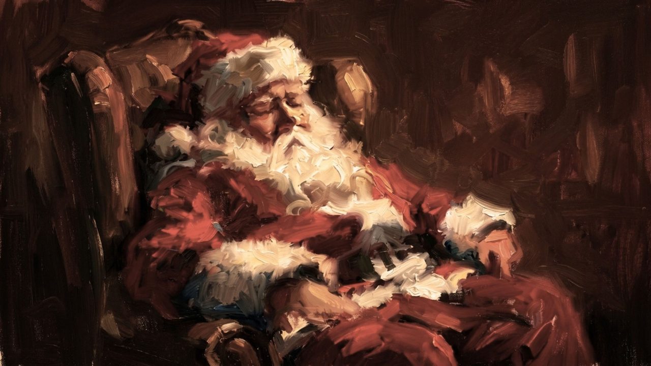 Christmas Frame TV Art, Vintage Holiday Oil Painting (Santa Napping in Chair)