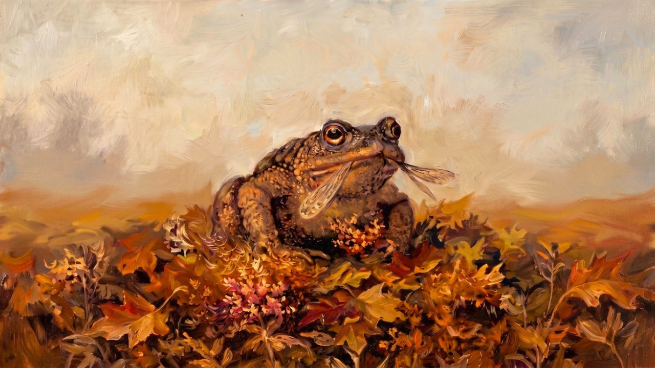 Fall Frame TV Art, Vintage Autumn Oil Painting (Toad in Autumn Leaves)