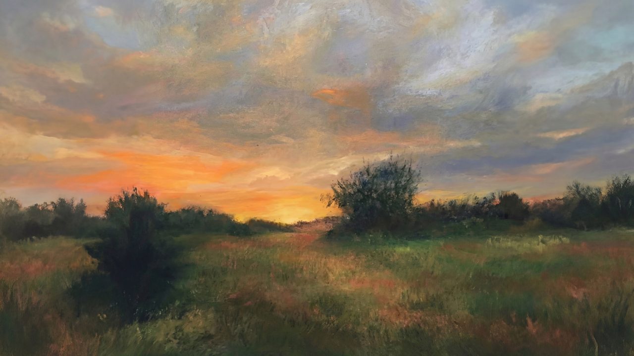 Vintage Frame TV Art, Antique Landscape Oil Painting (Orange Sunset Over Field)