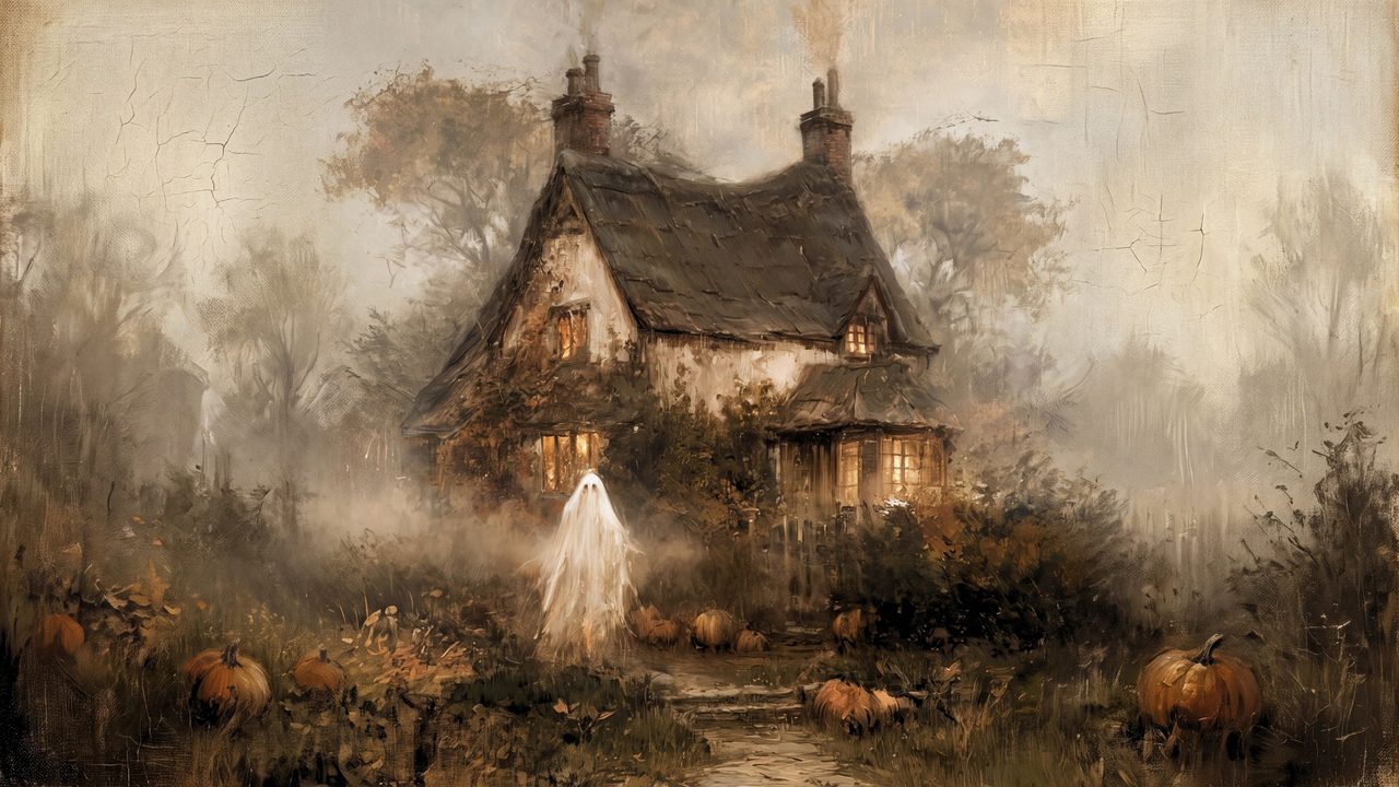 Halloween Frame TV Art, Vintage Moody Oil Painting (Ghost by Thatched Cottage)