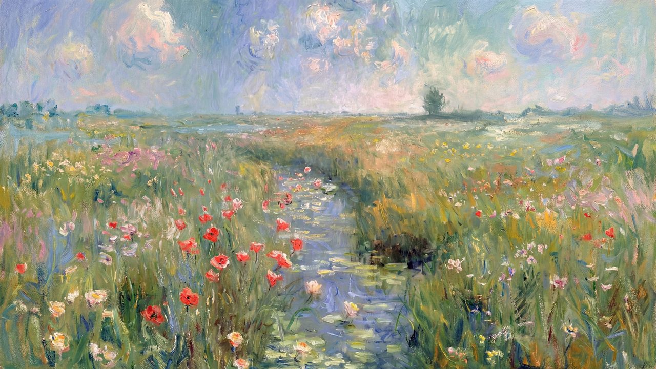 Spring Frame TV Art, Vintage Floral Landscape Oil Painting (Stream Through Poppy Meadow)